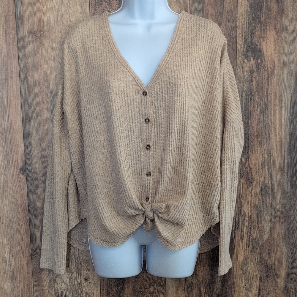 Urban Outfitters Tan Knit Bunched Bottom Waffle Knit Top S